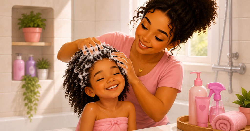 Mãe ensinando como cuidar do cabelo cacheado infantil penteando a filha