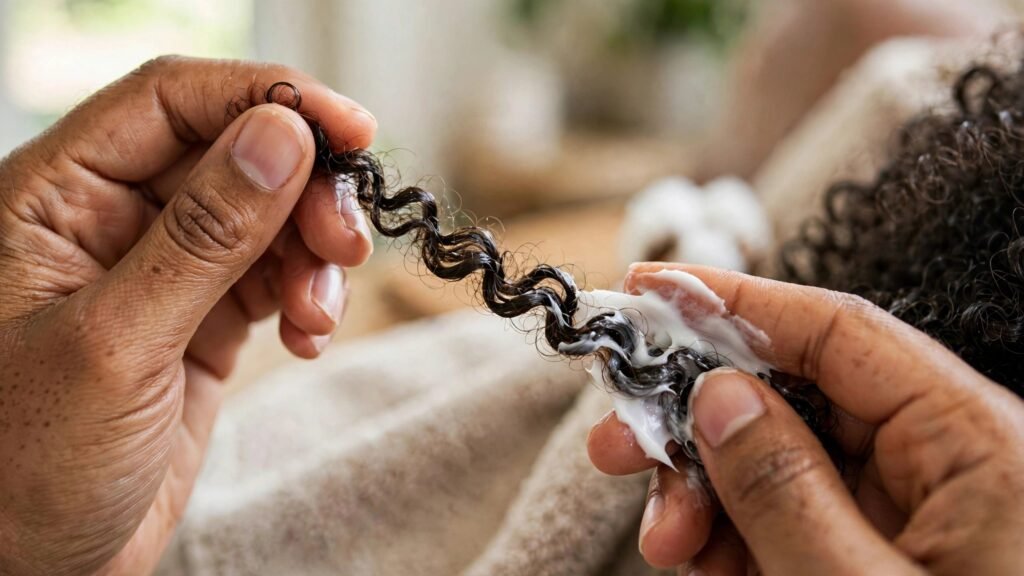 Mão aplicando creme de pentear de textura consistente em mecha de cabelo crespo infantil