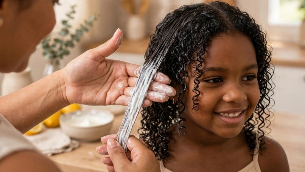 Um close-up focado nas mãos de uma mulher com cabelos cacheados definidos, aplicando cuidadosamente a mistura de maizena em uma mecha úmida e escura de cabelo cacheado infantil tipo 3C. A técnica de enluvamento é visível, deslizando os dedos para alinhar o fio, preparando para o dedoliss.