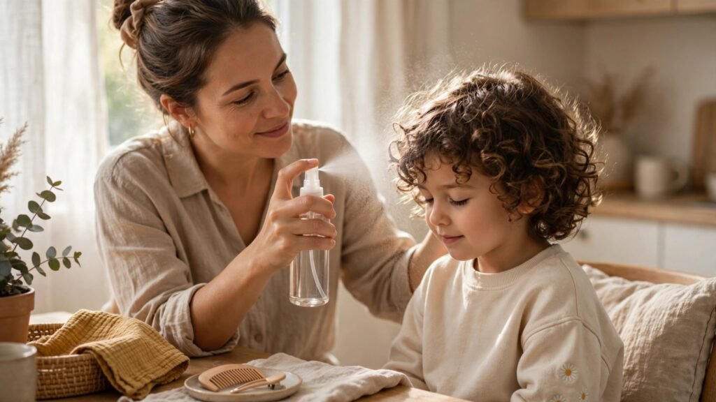 Mãe aplicando spray caseiro natural contra piolhos no cabelo cacheado infantil da filha