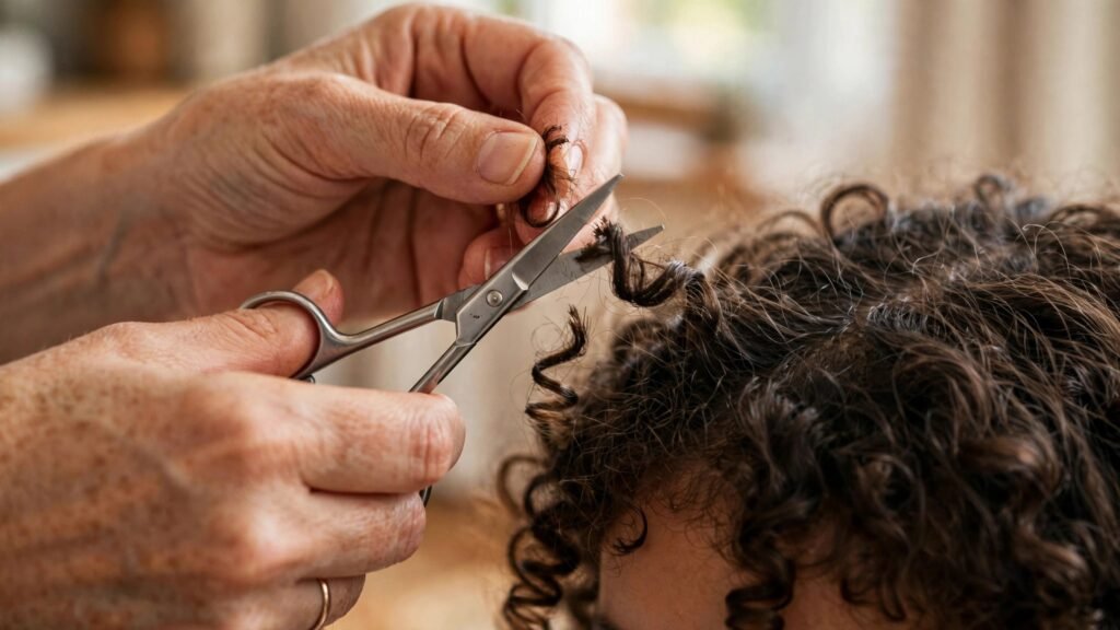 Mãe de cabelo cacheado cortando cuidadosamente a franja da filha em frente ao espelho em um momento de carinho