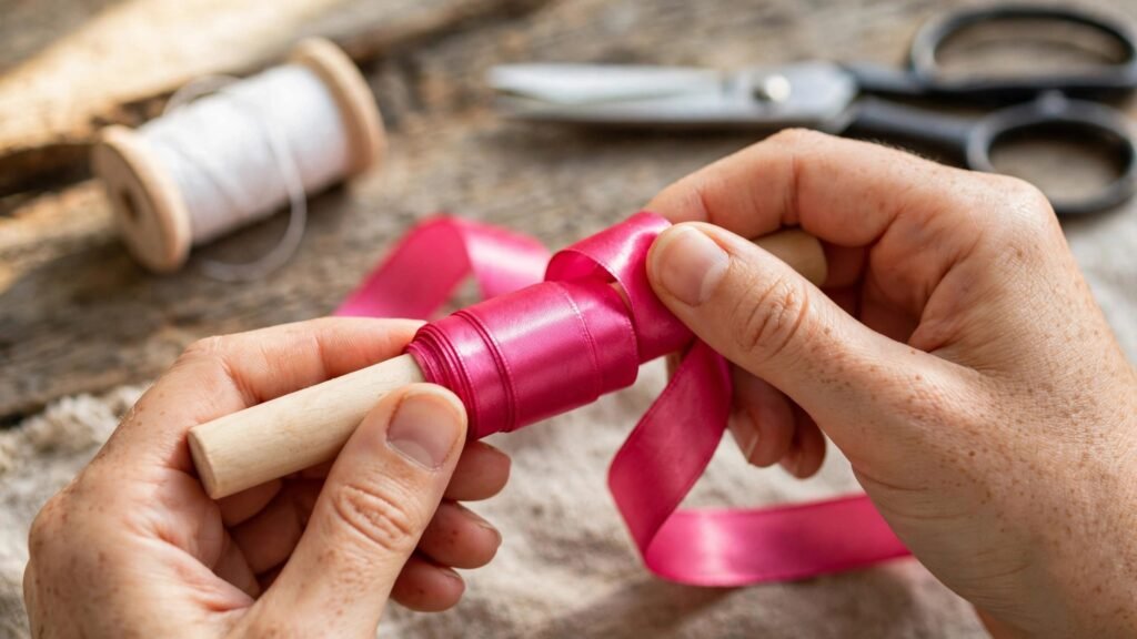 Mãos enrolando firmemente uma fita de cetim rosa em uma haste de madeira para modelagem de cachos.