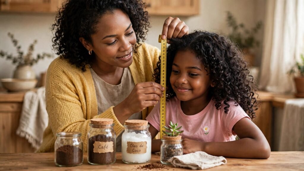 Mãe medindo com fita métrica o crescimento do cabelo cacheado infantil da filha ao lado de ingredientes naturais.