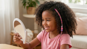 Menina sorrindo ao ver seu tererê no cabelo infantil no espelho