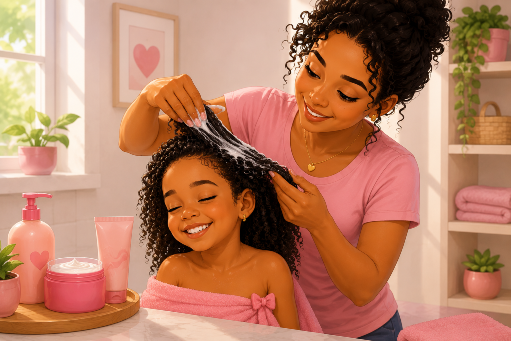 desembaraçando delicadamente o cabelo infantil ondulado, cacheado ou crespo com creme de pentear.