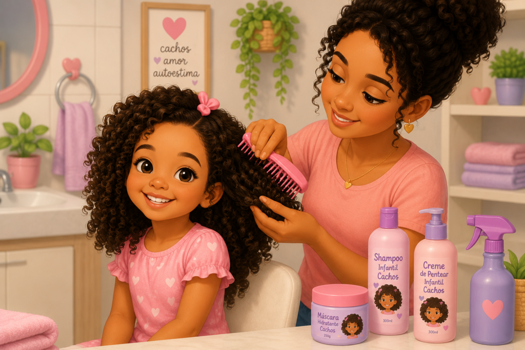 Mãe penteando o cabelo cacheado infantil de uma menina com cachos definidos.