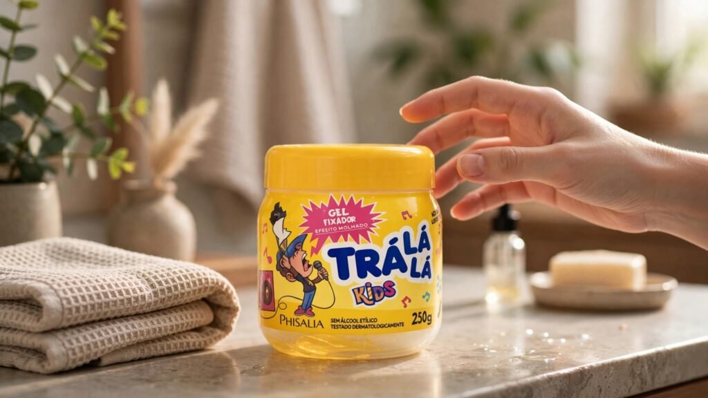 Mão segurando um pote transparente de gel capilar infantil Trá Lá Lá Kids quase vazio, mostrando uso no dia a dia.