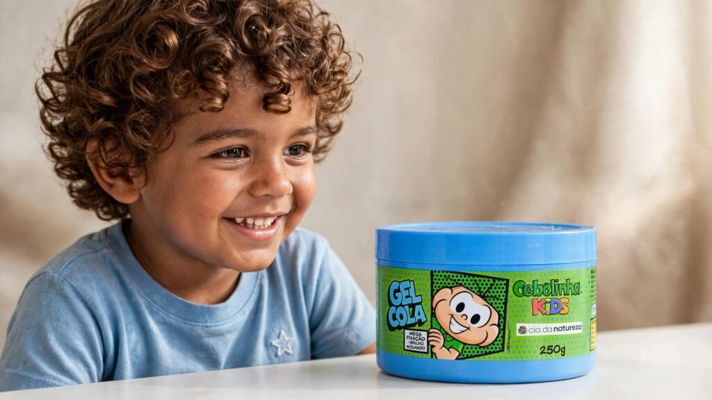 Gel Cola Cebolinha Infantil Cia da Natureza em destaque com cachos infantis definidos e brilhantes