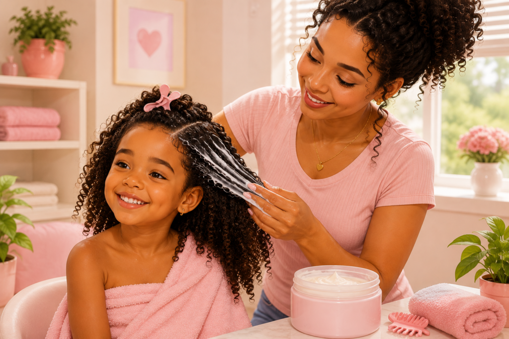 Criança com cabelo ondulado, cacheado ou crespo recebendo hidratação capilar com máscara infantil.
