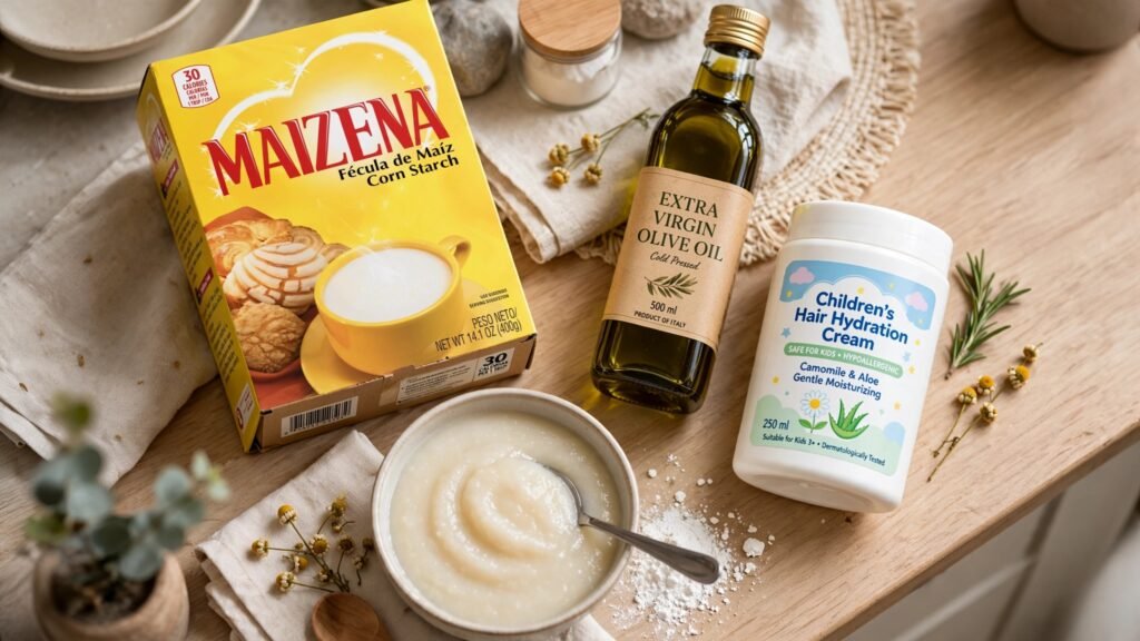 ingredientes para hidratação caseira de maizena em uma bancada de cozinha: amido de milho Maizena, azeite de oliva extra virgem e creme de hidratação infantil liberado. Uma tigela exibe o mingau de maizena pronto com consistência pastosa.
