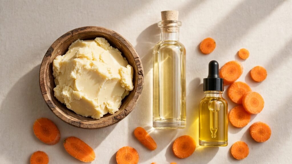 Ingredientes vegetais para umectação infantil: manteiga de cacau, óleo de amêndoas doces e óleo de cenoura