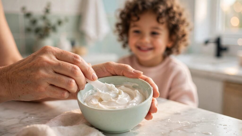 Mãos carinhosas preparando em um potinho a mistura de shampoo suave e condicionador para lavar o cabelo cacheado infantil.