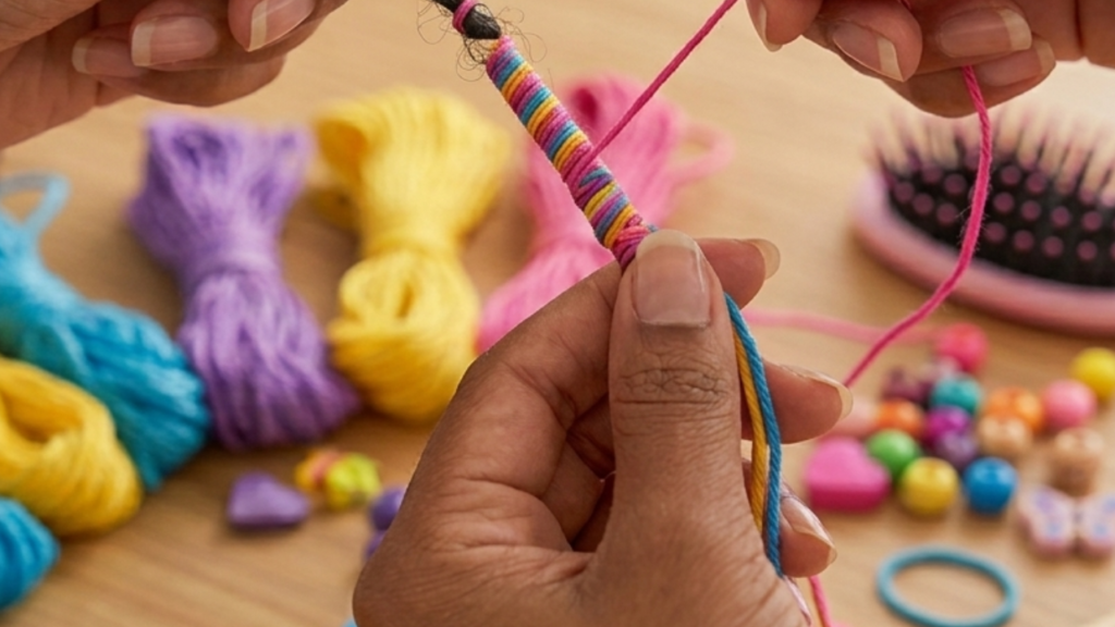 Mãos enrolando linha de tricô rosa e azul em uma mecha de cabelo cacheado infantil para fazer tererê