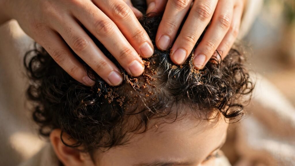 Passo a passo do tratamento natural com borra de café e óleos vegetais para crescimento de cabelo infantil cacheado.