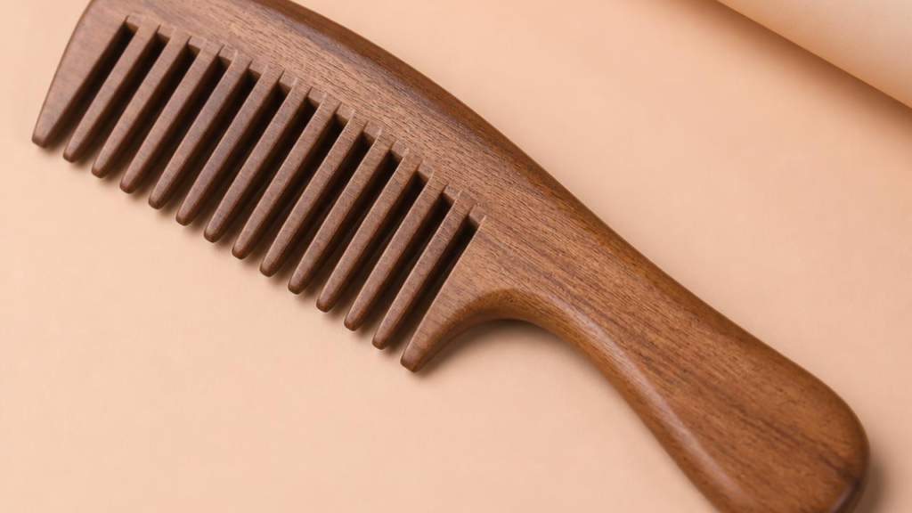 Pente de madeira com dentes largos para desembaraçar cabelo cacheado infantil e diminuir o frizz.