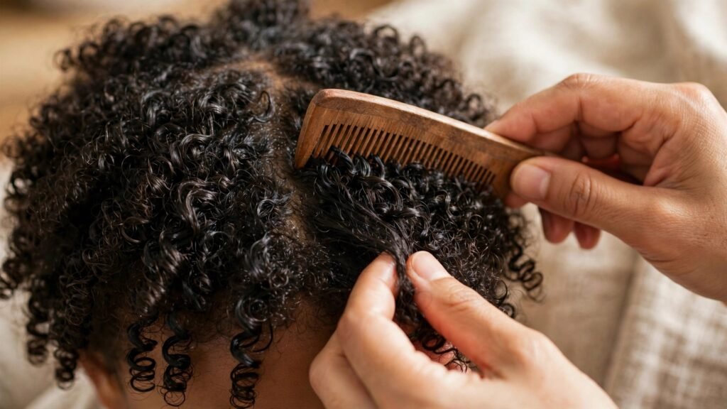 Passagem suave do pente fino em cabelo cacheado infantil com condicionador para remoção de piolhos e lêndias