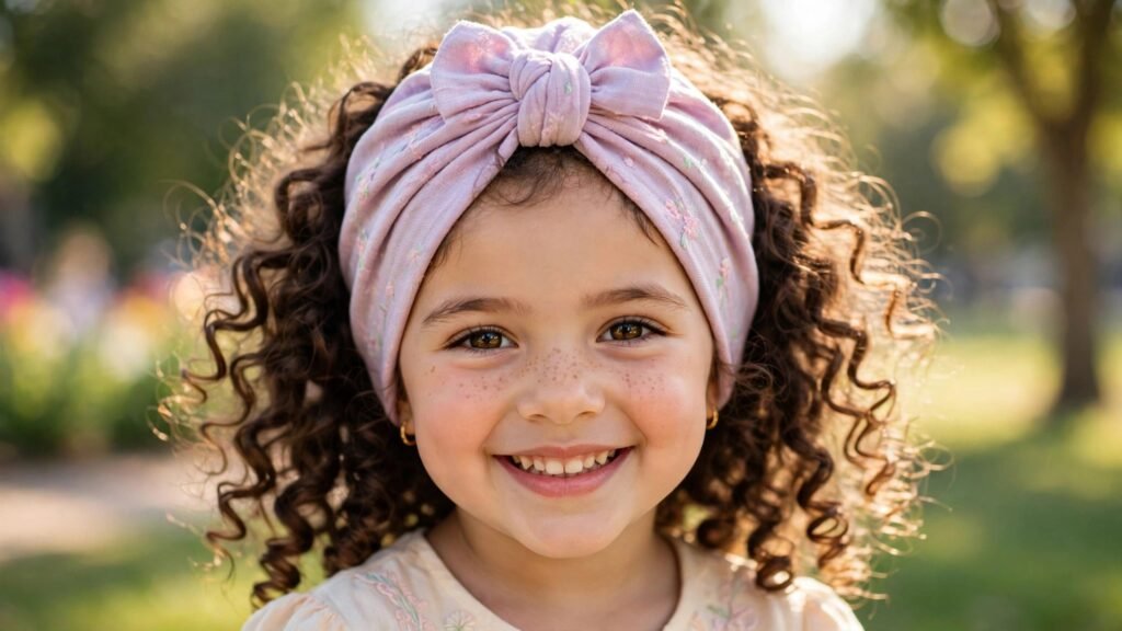 Menina cacheada fofa sorrindo usando um turbante estiloso infantil para proteger os cachos durante um passeio.