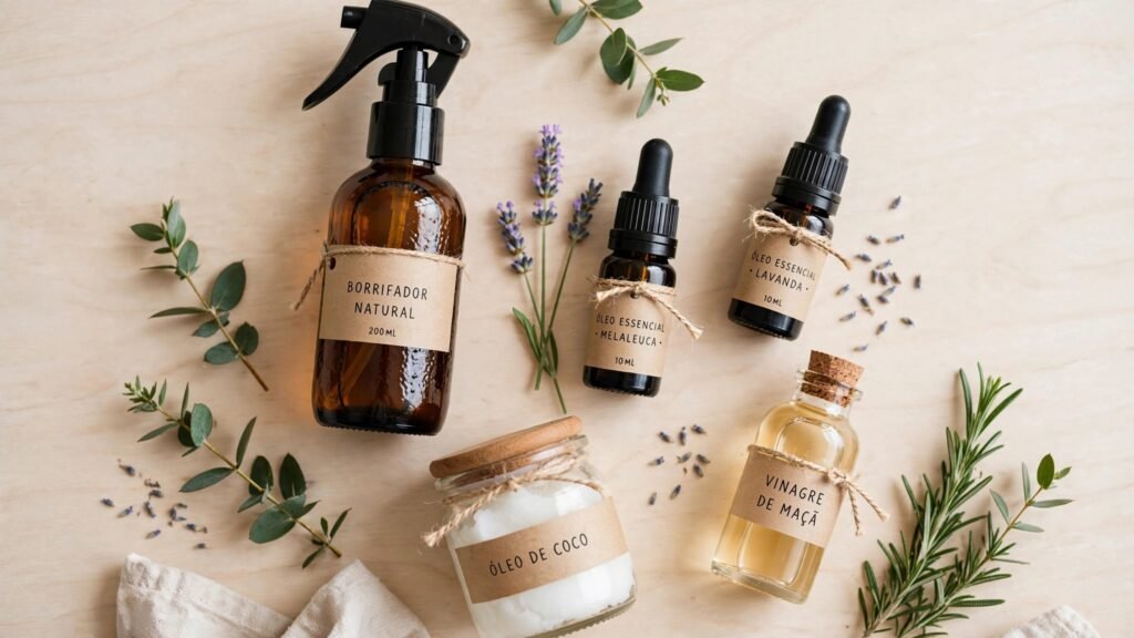 Ingredientes naturais para receita caseira de piolho infantil com óleo de melaleuca, lavanda, vinagre de maçã e óleo de coco