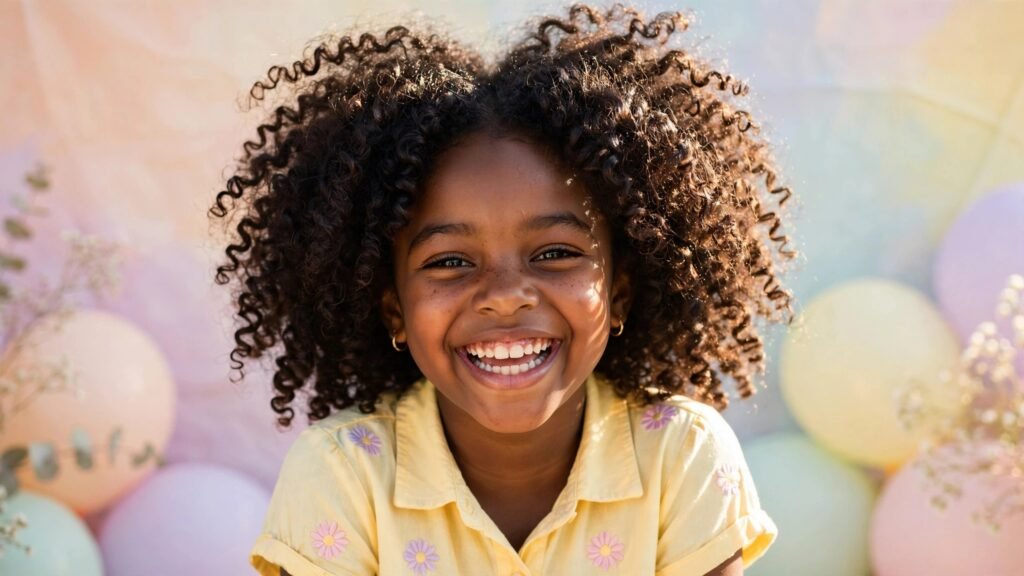 Menina negra sorridente exibindo cabelo crespo infantil definido e brilhante