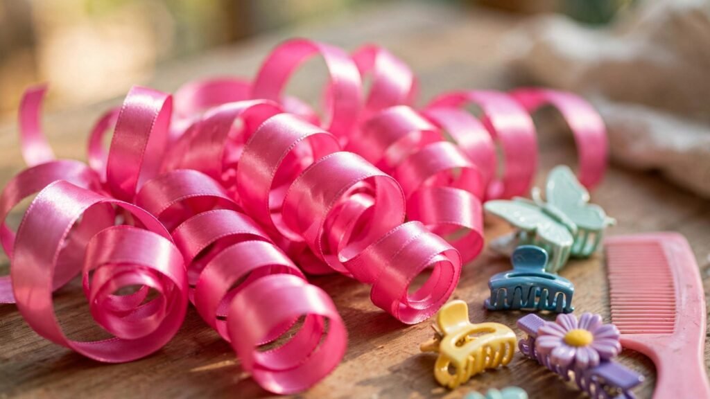 Como fazer Cachos de fita de cetim rosa brilhantes e espiralados prontos para aplicação em penteados infantis.