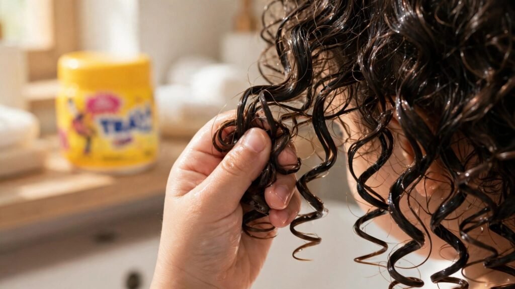 Close-up de uma mão pequena amassando cachos definidos e macios de uma criança, com o pote de gel Trá Lá Lá Kids visível desfocado ao fundo.