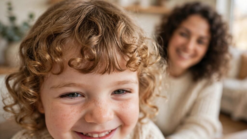 Mãe e filha sorrindo felizes em frente ao espelho mostrando o resultado final da franja cacheada perfeita e definida