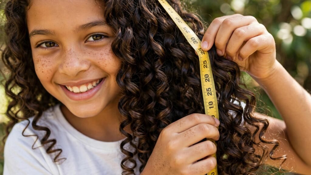 Resultado do crescimento de cabelo cacheado infantil medido com fita métrica amarela após 30 dias de tratamento.