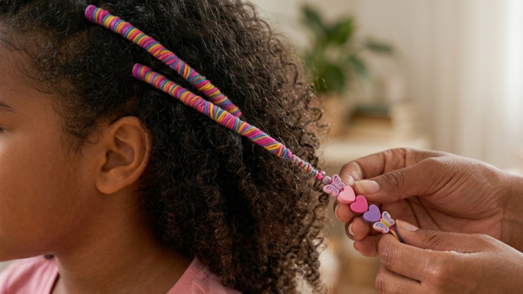 Resultado final de tererê colorido de linha com miçangas de coração em cabelo cacheado infantil