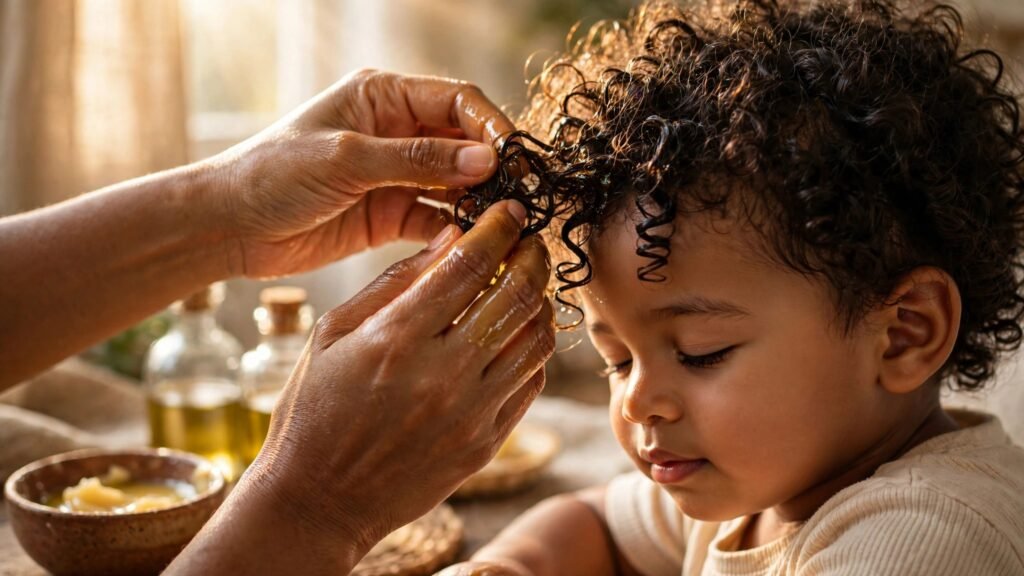 Mãe aplicando receita de umectação infantil com óleos vegetais no cabelo cacheado da criança