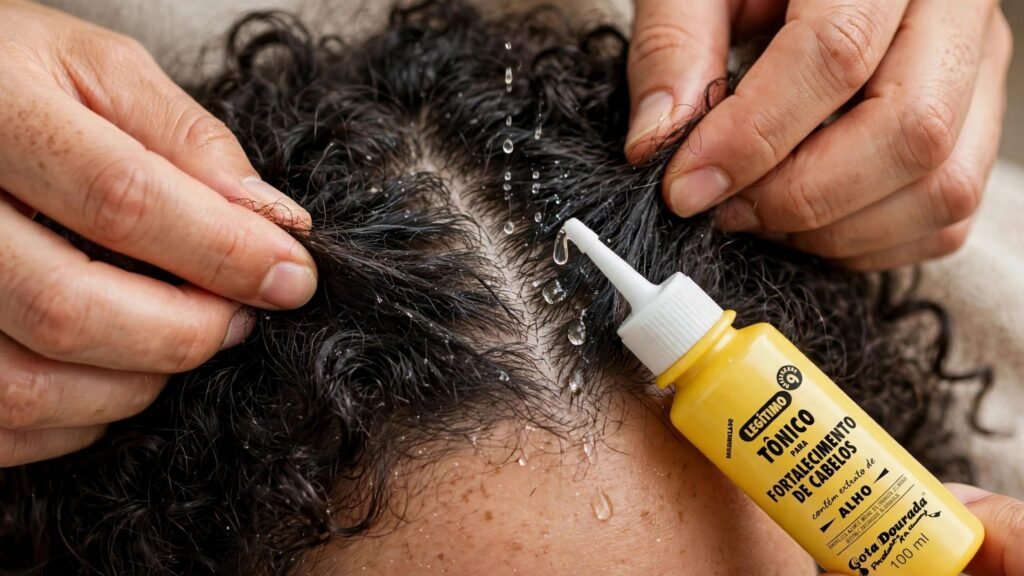 ​Aplicação do Tônico de Alho Gota Dourada diretamente na raiz e couro cabeludo de um cabelo cacheado.