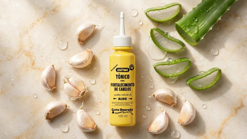 ​Frasco do Tônico de Alho Gota Dourada acompanhado de dentes de alho frescos e folhas de babosa aloe vera.