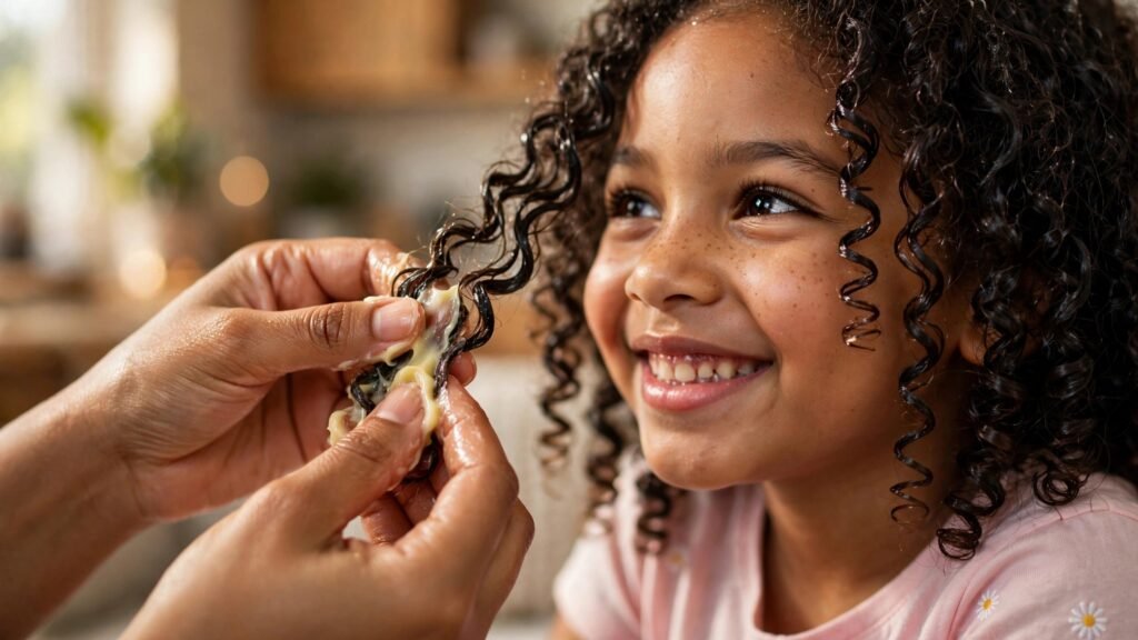Mãe cuidando e aplicando manteiga para cabelo cacheado infantil nos fios da filha