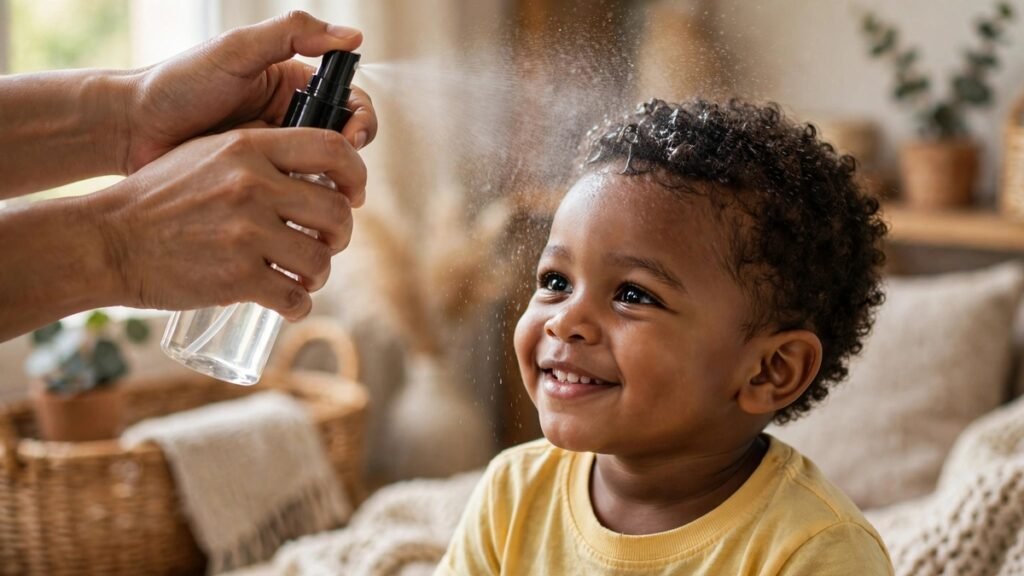 Mão aplicando borrifador com misturinha hidratante em cabelo curto cacheado infantil