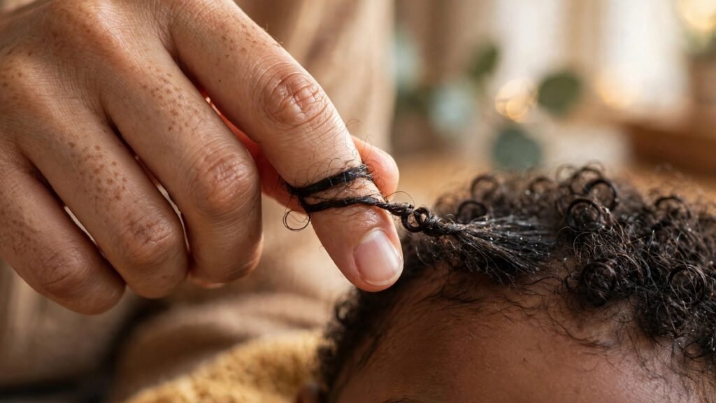 Mão fazendo a técnica de dedoliss enrolando uma pequena mecha de cabelo curto cacheado infantil no dedo