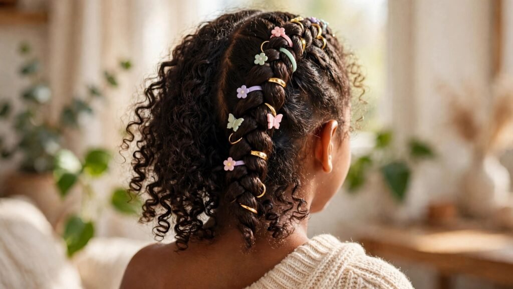 Detalhes e acessórios decorativos na finalização do penteado infantil trança embutida.
