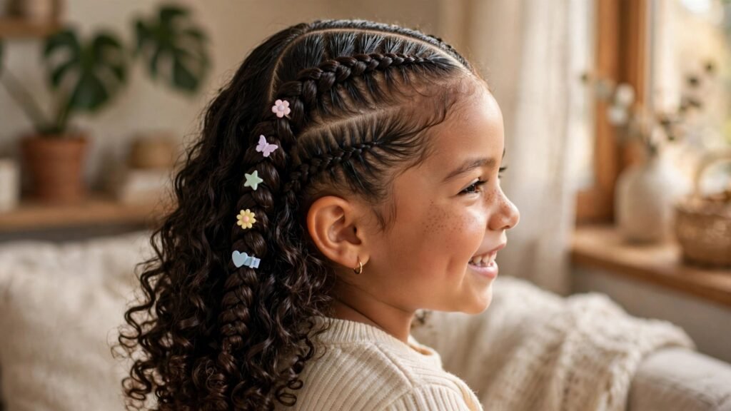 Resultado final do penteado infantil trança embutida em cabelo cacheado com acabamento perfeito e sem frizz.