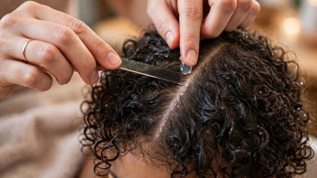 Preparação do cabelo para penteado infantil trança embutida com borrifador de água e gel na raiz.