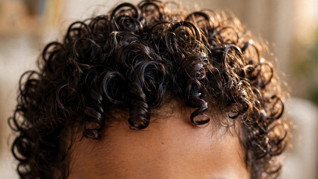 Resultado final do dedoliss em cabelo curto infantil com cachos secos, definidos e brilhantes